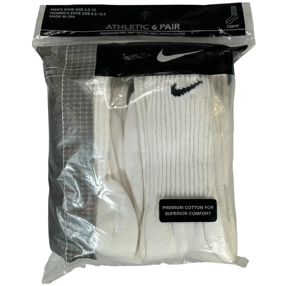 VTG Y2K 2003 USA Nike Crew Socks 6 Pair White Cotton Blend Mens 6.5-12 NEW